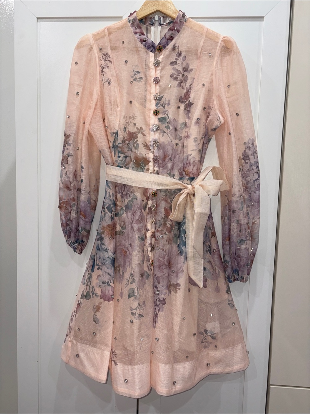 Pink Floral Tie-Waist Mini Dress with Sheer Puff Sleeves